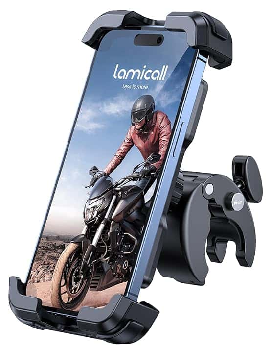 Lamicall Supporto Telefono Bicicletta, Porta Cellulare Moto - Aggiornato Clip del Manubrio di Installazione Rapida, Porta Cellulare per iPhone 17 16 15 14 Pro Max Plus, Android 4,7-6,8" Smartphones Global Recycled Standard