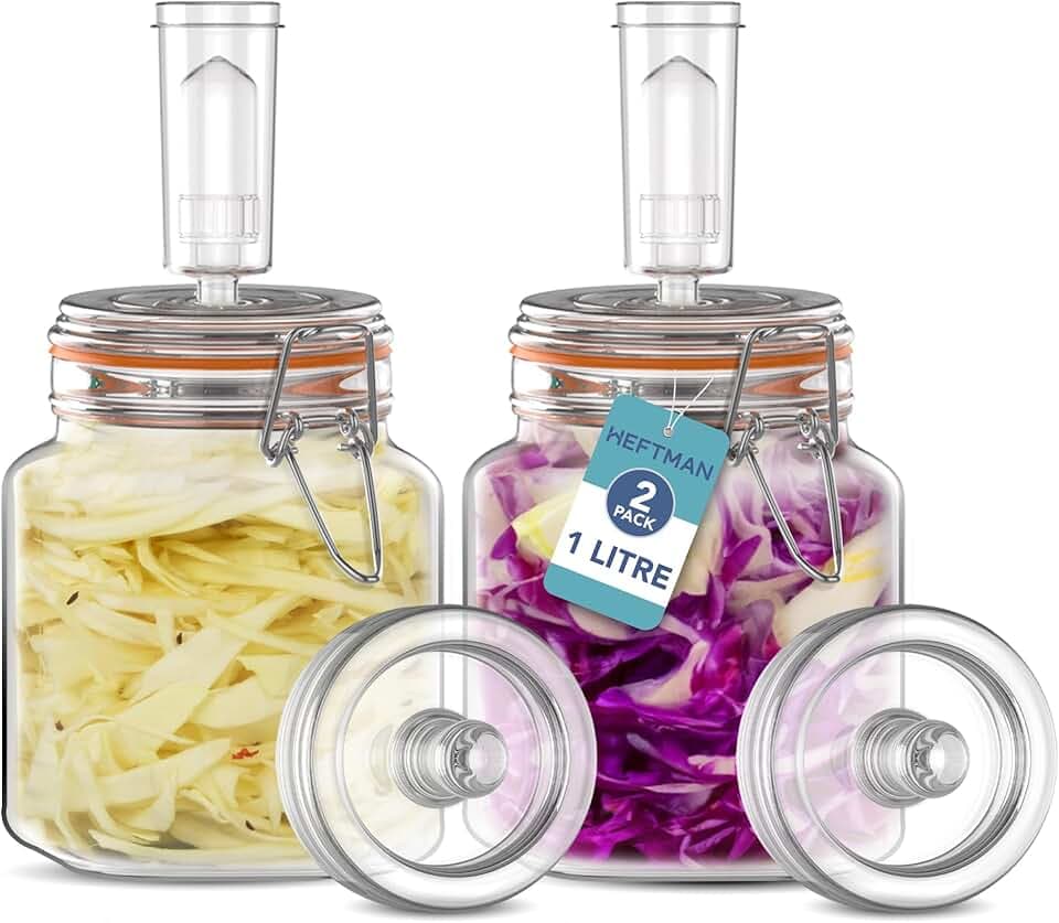 HEFTMAN Barattolo per fermentazione con chiusura ad aria, 1 litro, ideale per una fermentazione sicura, coperchi in silicone e pesi per fermentazione
