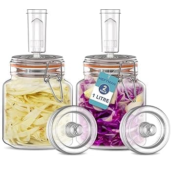 HEFTMAN Barattolo per fermentazione con chiusura ad aria, 1 litro, ideale per una fermentazione sicura, coperchi in silicone e pesi per fermentazione