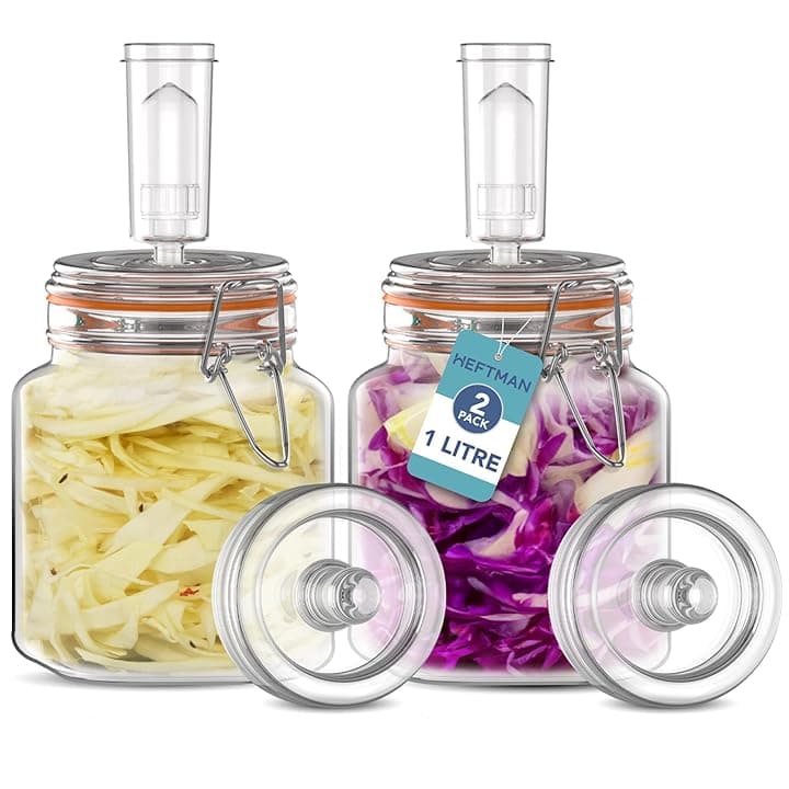 HEFTMAN Barattolo per fermentazione con chiusura ad aria, 1 litro, ideale per una fermentazione sicura, coperchi in silicone e pesi per fermentazione