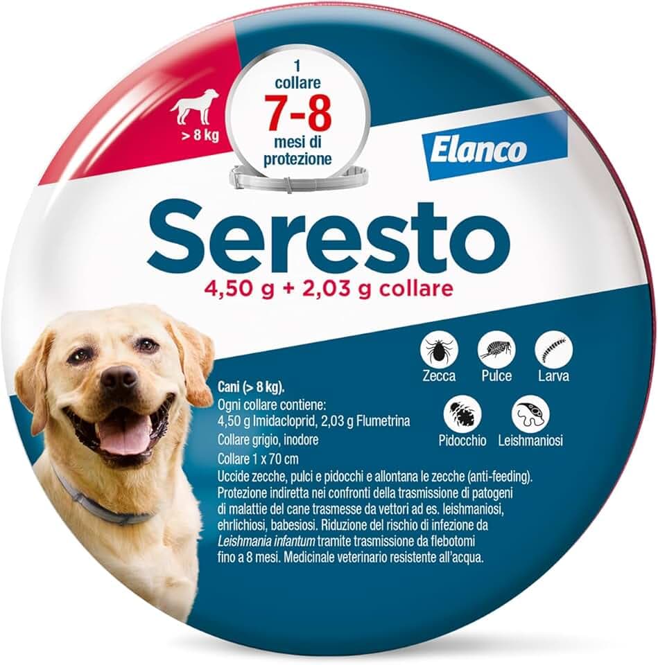 Elanco Seresto Collare antiparassitario, Per cani oltre 8 kg, Elimina pulci, zecche, pidocchi e protegge dal rischio di trasmissione della leishmaniosi fino a 8 mesi, 1 collare