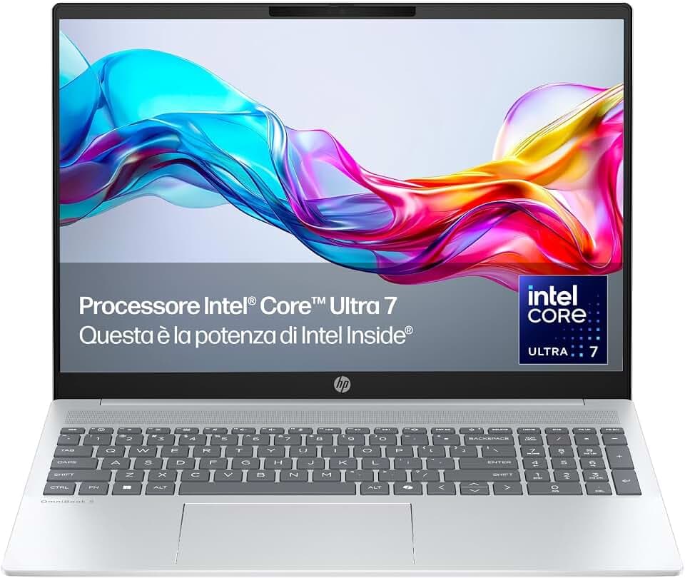 HP Laptop 15-fd1003sl, PC Portatile 15", Display FHD, Notebook, (Intel Core Ultra 7 155H, RAM 16GB, SSD 1TB, Windows 11), Computer Portatile, Uso quotidiano, Tastiera Italiana, QWERTY, Argento