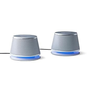 Amazon Basics Altoparlanti stereo 2.0 per PC fisso o portatile, ingresso AUX da 3,5 mm, alimentazione USB, 1 paio, argento