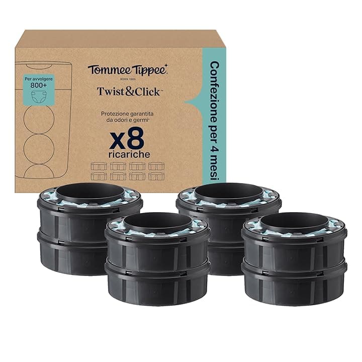 Tommee Tippee Ricariche originali per mangiapannolini Twist & Click Advanced, confezione esclusiva da 8 ricariche di 10,5 metri l’una, praticità e risparmio, 8 X 10,5 m