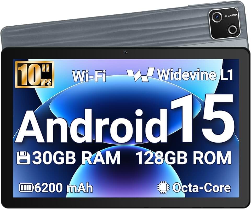 Tablet 10 Pollici Android 15 Certificato GMS, 30GB RAM + 128GB ROM (2TB TF), Octa-Core, 6200mAh, 1280x800 HD, WiFi 6, BT 5.3, Widevine L1, Fotocamera 5MP+8MP, Tablet PC, Grigio – 2026