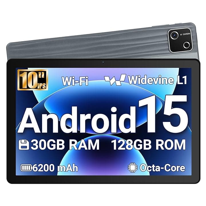 Tablet 10 Pollici Android 15 Certificato GMS, 30GB RAM + 128GB ROM (2TB TF), Octa-Core, 6200mAh, 1280x800 HD, WiFi 6, BT 5.3, Widevine L1, Fotocamera 5MP+8MP, Tablet PC, Grigio – 2026