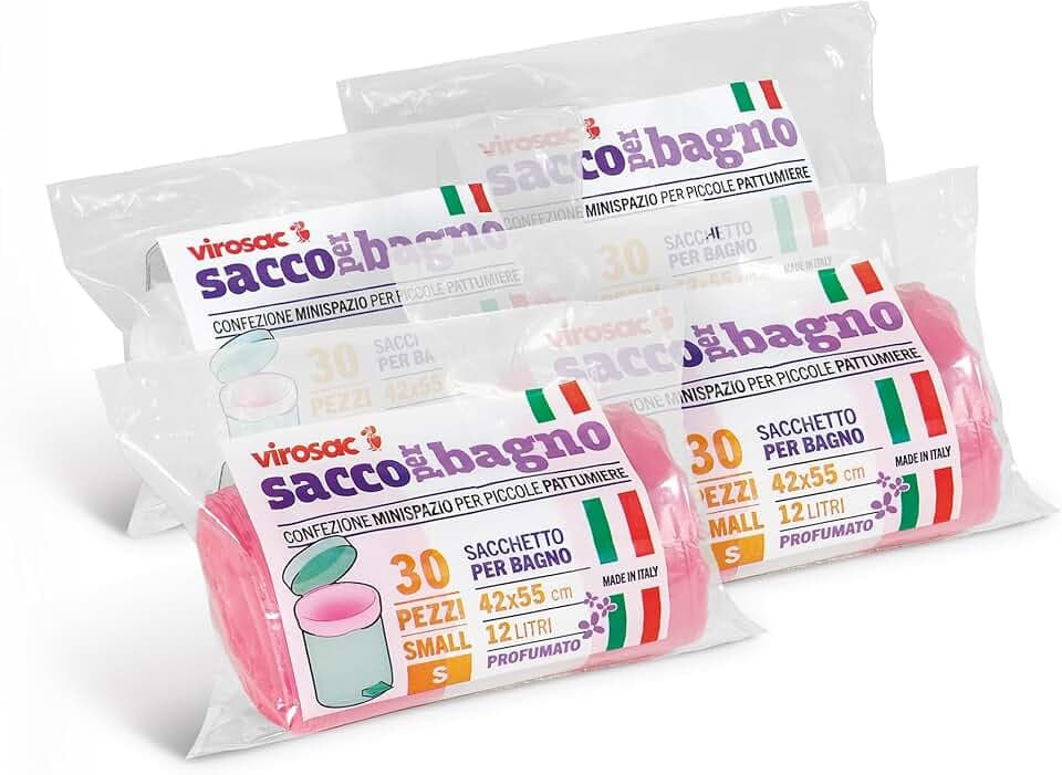VIROSAC Sacco Bagno 42x55, 30 sacchetti per rotolo, kit da 4 rotoli, 2 rotoli rosa + 2 rotoli bianchi