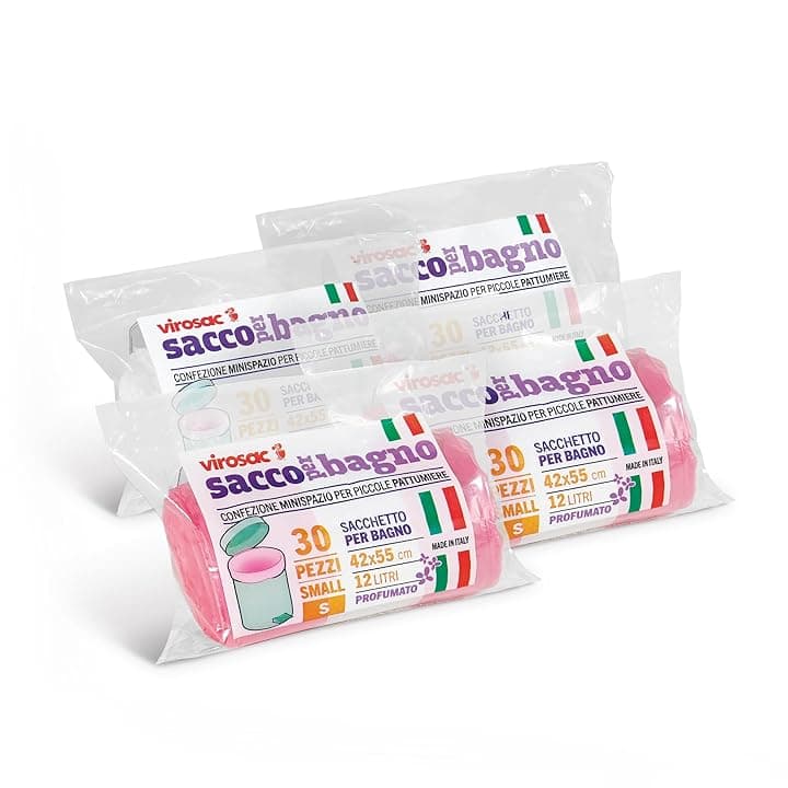 VIROSAC Sacco Bagno 42x55, 30 sacchetti per rotolo, kit da 4 rotoli, 2 rotoli rosa + 2 rotoli bianchi