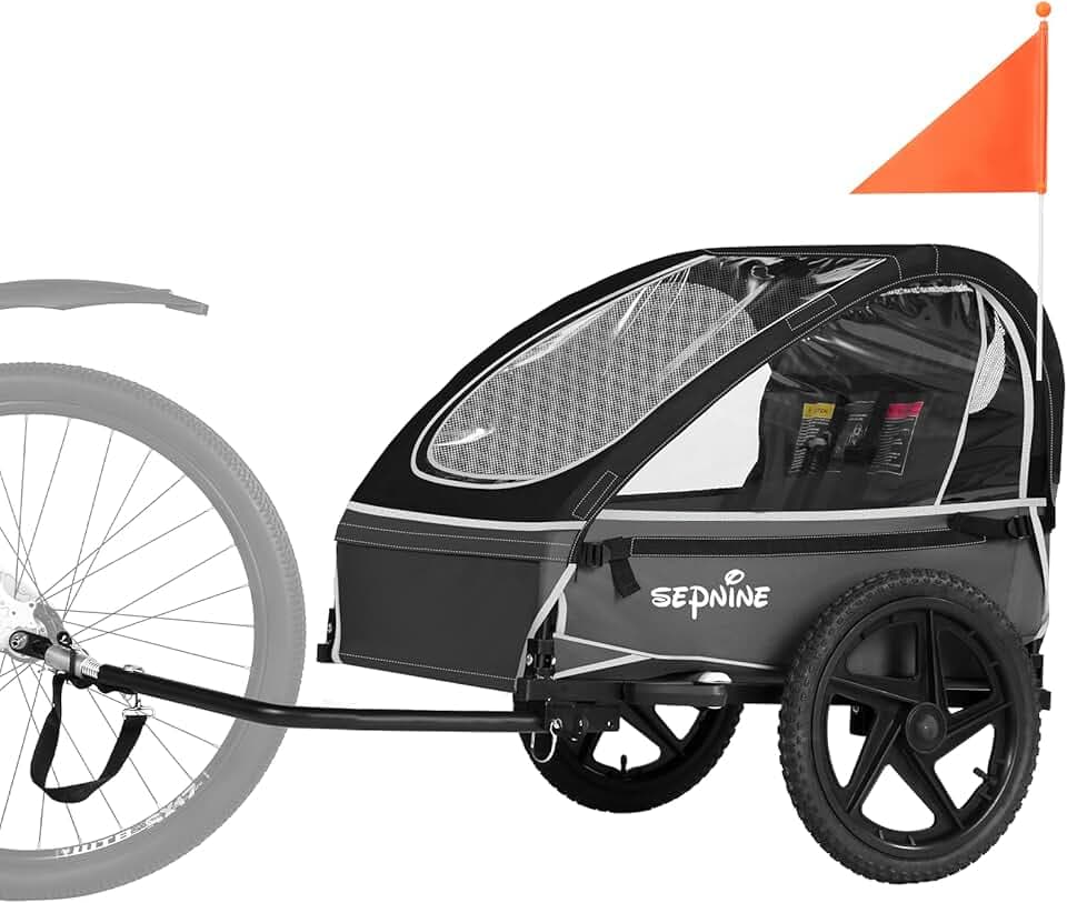 Sepnine Rimorchio per bici per bambini, adatto per 1-2 bambini, dai 12 mesi in su, attacco rapido alla bici, pieghevole, con imbracatura a 5 punti e borse per riporre oggetti