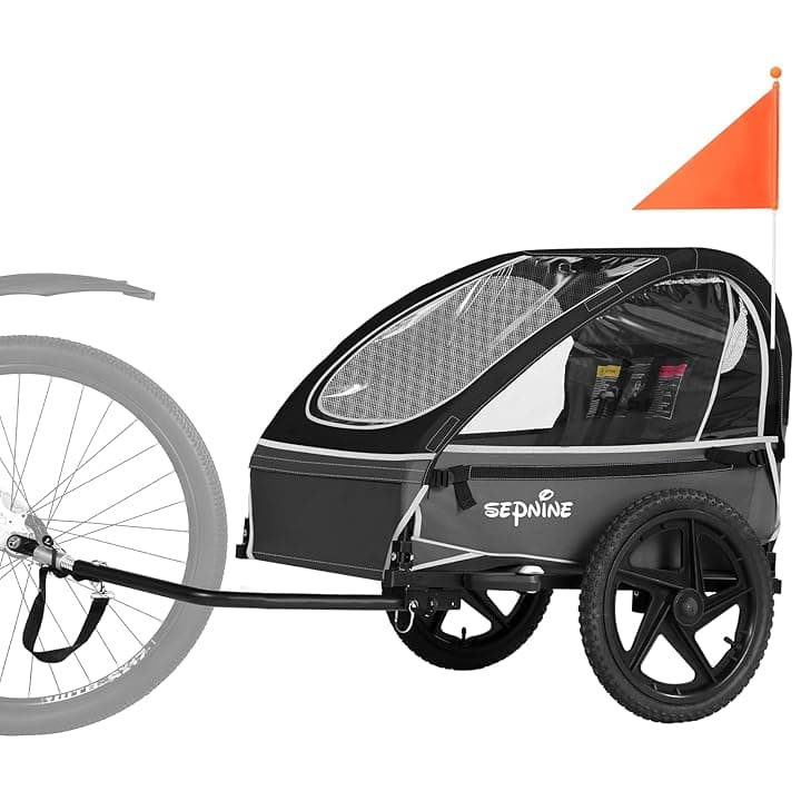 Sepnine Rimorchio per bici per bambini, adatto per 1-2 bambini, dai 12 mesi in su, attacco rapido alla bici, pieghevole, con imbracatura a 5 punti e borse per riporre oggetti