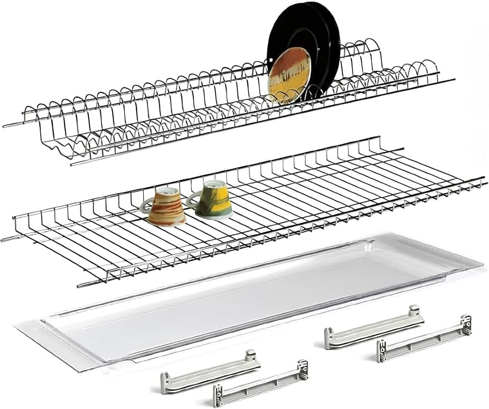 Scolapiatti 86,5 cm in acciaio cromo protetto – Vaschetta raccogli gocce + griglia bicchieri – Kit incasso pensile 90 cm VI.TEL.