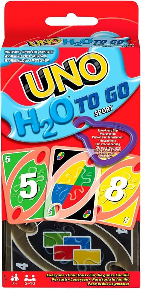 UNO H2O - Versione resistente all'acqua del gioco di carte più amato di sempre, carte plastificate e clip per portare il mazzo sempre con te, giocattolo per bambini, 7+ anni, P1703