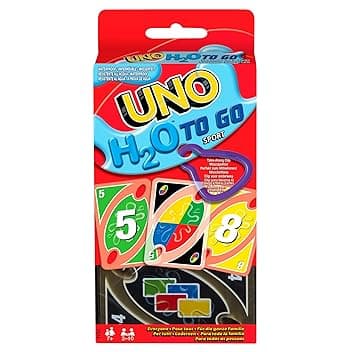 UNO H2O - Versione resistente all'acqua del gioco di carte più amato di sempre, carte plastificate e clip per portare il mazzo sempre con te, giocattolo per bambini, 7+ anni, P1703