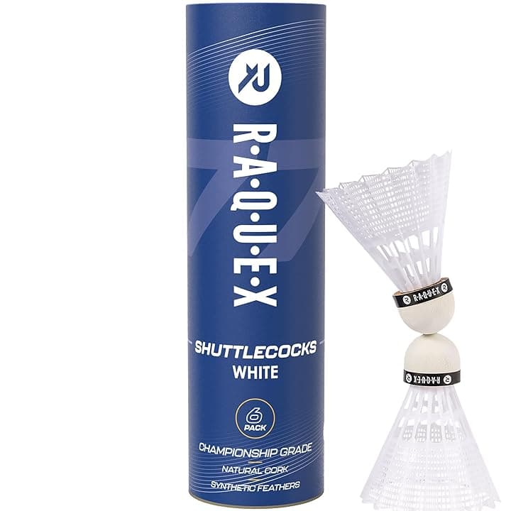 Raquex Volani da Badminton - Piume in Nylon, Tubo di 6 Volani con Testa in Sughero Naturale. Tre Opzioni di Velocità, Volani Bianchi o Gialli. Per Giocare al Coperto o All'aperto