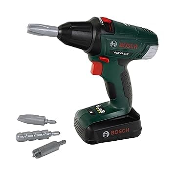 Theo Klein 8567 Avvitatore a batteria Bosch, Trapano/cacciavite a batterie con attacchi rotanti e intercambiabili, Luce e suono, 20 x 6,5 x 19 cm, Giocattolo per bambini a partire dai 3 anni di età