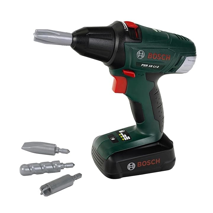 Theo Klein 8567 Avvitatore a batteria Bosch, Trapano/cacciavite a batterie con attacchi rotanti e intercambiabili, Luce e suono, 20 x 6,5 x 19 cm, Giocattolo per bambini a partire dai 3 anni di età