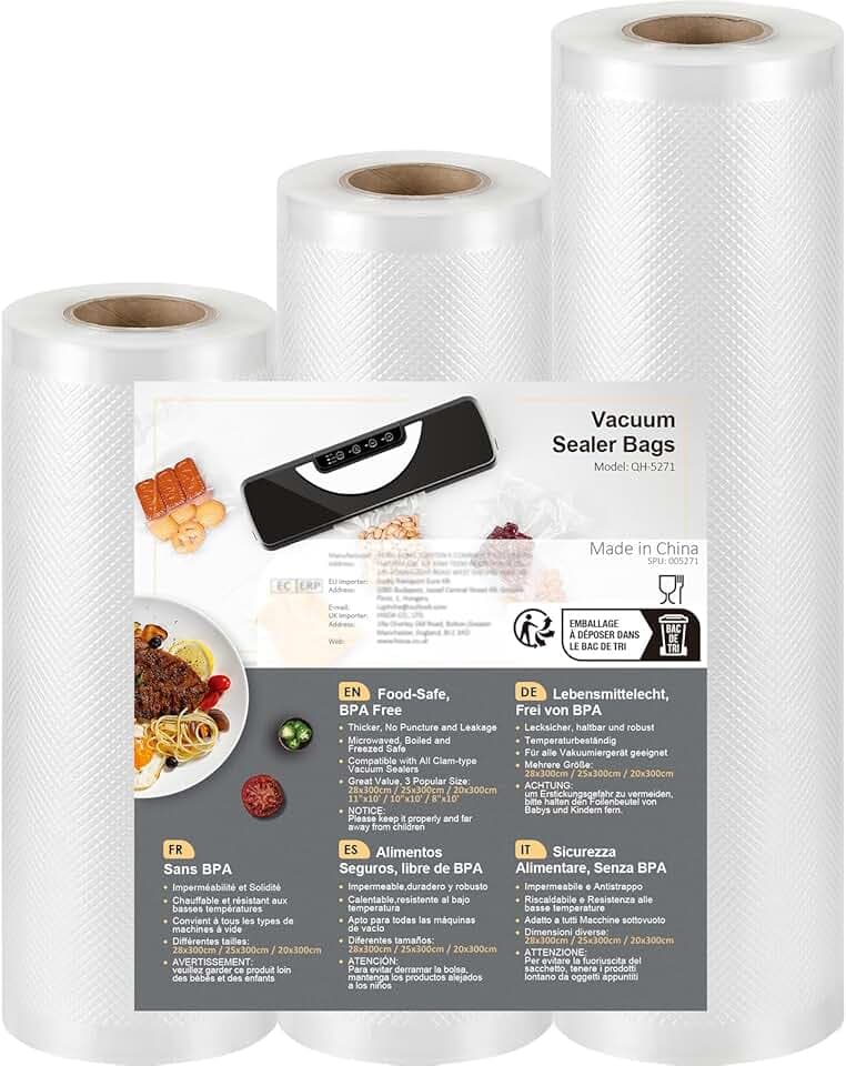 Sacchetti Sottovuoto Alimenti 3 Rotoli 20/25/28x300cm, Sacchetti Sottovuoto per Macchina Sottovuoto e Sous Vide Cucina, Buste Sottovuoto Alimenti Senza BPA