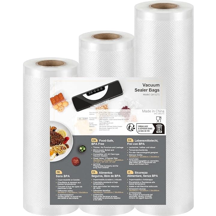 Sacchetti Sottovuoto Alimenti 3 Rotoli 20/25/28x300cm, Sacchetti Sottovuoto per Macchina Sottovuoto e Sous Vide Cucina, Buste Sottovuoto Alimenti Senza BPA