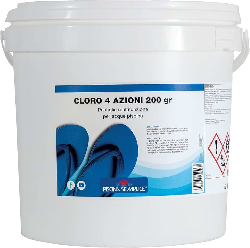 Piscina Semplice - Cloro 4 Azioni Kg.10 - nuovo prodotto multifunzione SENZA RAME in past. 200gr: alghicida, clorante, stabilizzante e schiarente