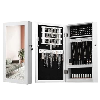 SONGMICS SONGMICS Armadietto Portagioie da Parete, Specchiera Portagioielli con Serratura, Organizzatore per Gioielli con Specchio, Salvaspazio, Esterno Bianco, Interno Nero JBC51W