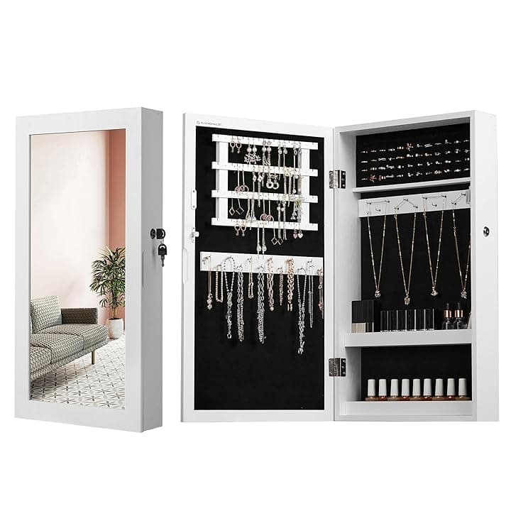 SONGMICS SONGMICS Armadietto Portagioie da Parete, Specchiera Portagioielli con Serratura, Organizzatore per Gioielli con Specchio, Salvaspazio, Esterno Bianco, Interno Nero JBC51W