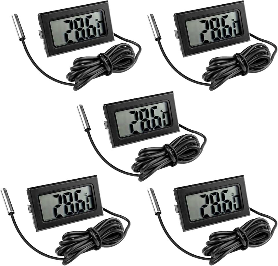 Gvolatee 5 Pezzi Termometro Digitale, Sonda Termometri per Frigo Acqua, Mini LCD Termometro Digitale Monitor di Temperatura con Sonda Esterna Impermeabile per Frigorifero Congelatore Acquario