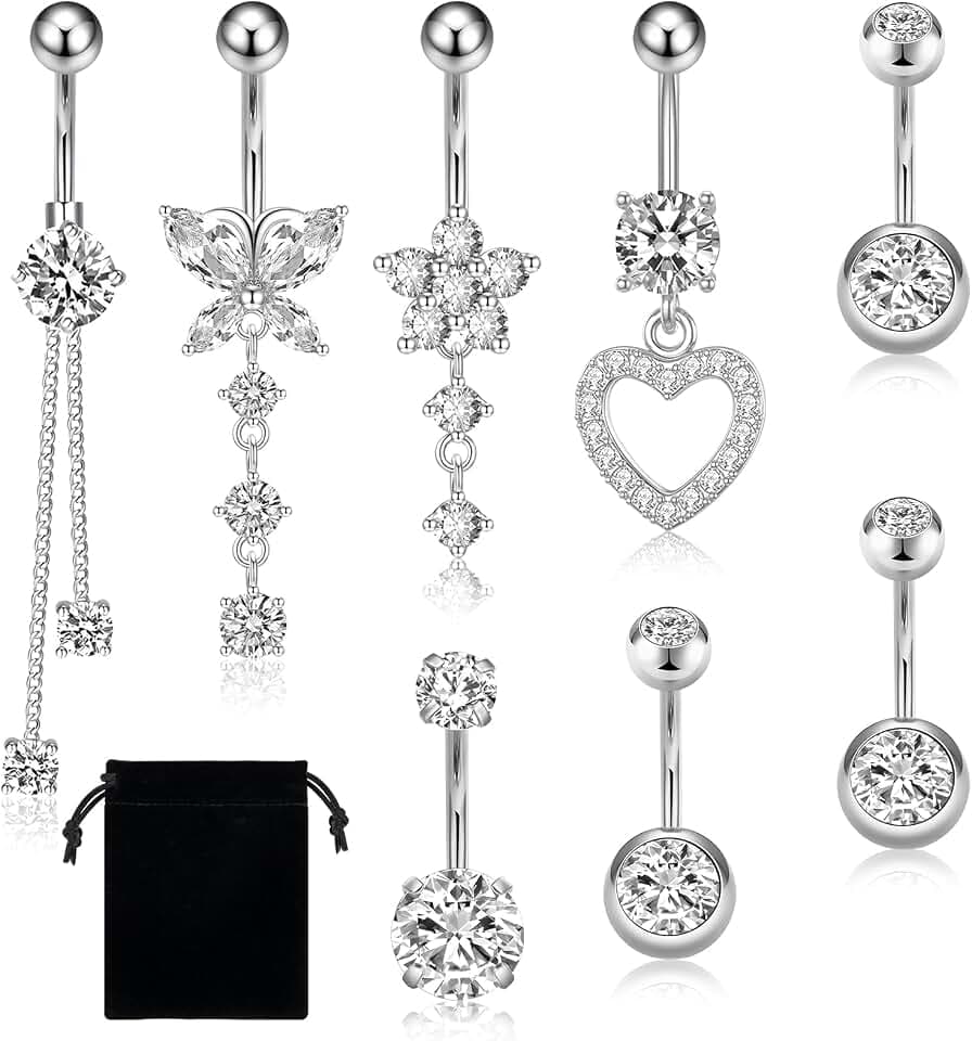 Leikedun Set di 8 piercing per ombelico in acciaio inox 316L con zirconi – Include farfalla, cuore e fiore – ipoallergenico da donna (14 G, 1,6 mm) – ideale per feste e uso quotidiano + sacchetto di velluto