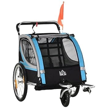 HOMCOM Rimorchio Bici per Bambini e Passeggino, Design 2 in 1 con Freno, Cintura a 5 Punti, Carrello Rimorchio per Bicicletta con Tasche Laterali, Catarifrangenti e Bandierina