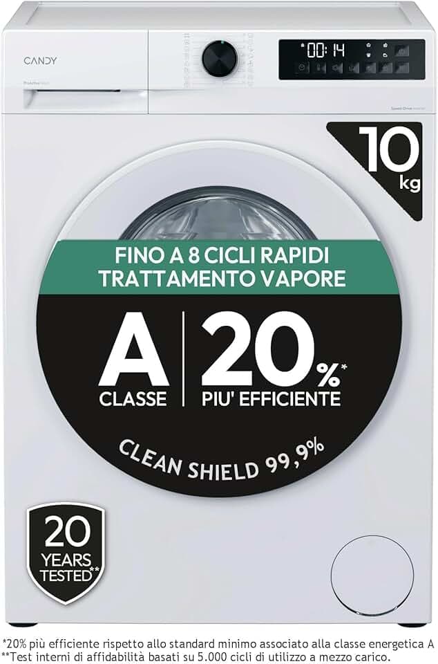 Candy ProWash 300 Lavatrice 10 Kg, 1400 Giri, Classe A -20% Più Efficiente, Vapore, Programmi Rapidi 14-59 Min, Motore Inverter BPM, 85 x 59,5 x 60,1 cm (A x L x P), Bianca, GD 4108-S Etichetta Energetica