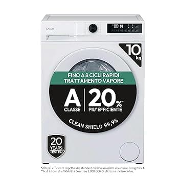 Candy ProWash 300 Lavatrice 10 Kg, 1400 Giri, Classe A -20% Più Efficiente, Vapore, Programmi Rapidi 14-59 Min, Motore Inverter BPM, 85 x 59,5 x 60,1 cm (A x L x P), Bianca, GD 4108-S Etichetta Energetica