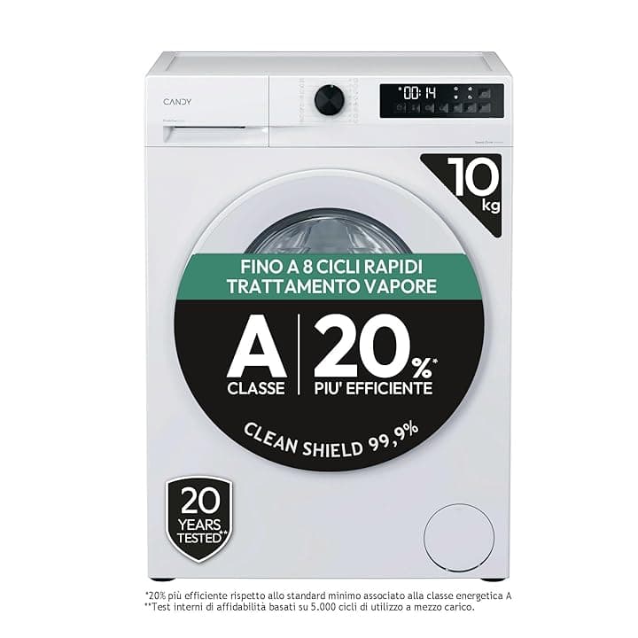 Candy ProWash 300 Lavatrice 10 Kg, 1400 Giri, Classe A -20% Più Efficiente, Vapore, Programmi Rapidi 14-59 Min, Motore Inverter BPM, 85 x 59,5 x 60,1 cm (A x L x P), Bianca, GD 4108-S Etichetta Energetica
