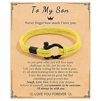 KOSLEOW Bracciale in Nera Artigianale per Figlio, Regalo Compleanno Ragazzi Anni, Regalo Ispirazionale Da Mamma e Papà, Con Targhetta, Braccialetto Personalizzato Uomo(YELLOW)