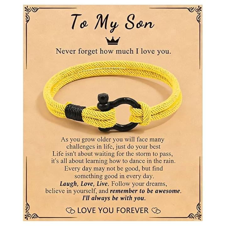 KOSLEOW Bracciale in Nera Artigianale per Figlio, Regalo Compleanno Ragazzi Anni, Regalo Ispirazionale Da Mamma e Papà, Con Targhetta, Braccialetto Personalizzato Uomo(YELLOW)