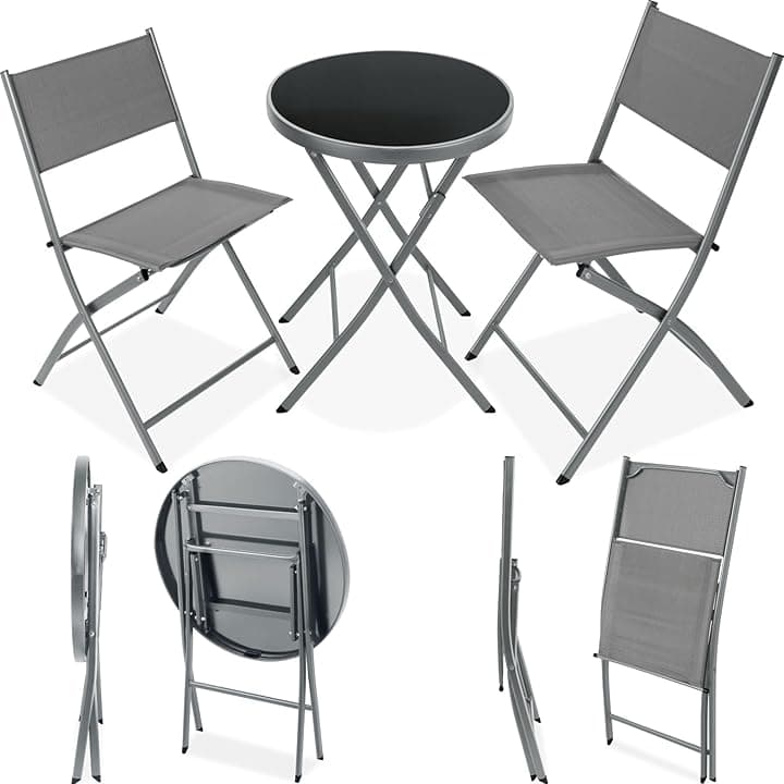 tectake® Set da Balcone Düsseldorf, Tavolino Salotto con Piano in Vetro e 2 Sedie, Set Mobili da Giardino con Telaio in Acciaio, Richiudibile, Trasportabile, Design Moderno - Grigio