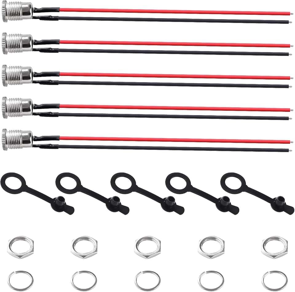 5 Pezzi 5.5x2.1 mm DC-099 Connettori Femmina, DC Presa Jack di Alimentazione con Cavo 18AWG, con Cappuccio Impermeabile, per Montaggio a Pannello