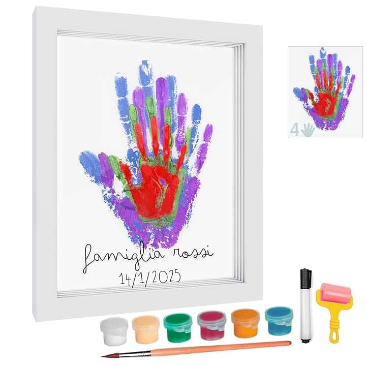 HuBorns - Cornice Impronta Mani e Piedi Neonati con Spazio per 4 Impronte, Kit Impronta Mani Famiglia per Dipingere Impronte, Set Impronte Mani e Piedi Neonato Ideale Regalo Neonato
