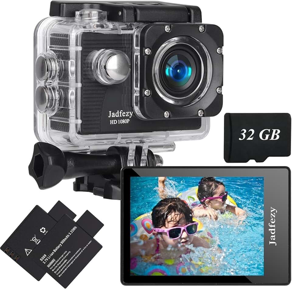 Action Cam 1080P con scheda da 32 GB, Macchina Fotografica Subacquea impermeabile 30M, Fotocamera Subacquea con Due 900mAh Batterie Ricaricabili e Kit Accessori