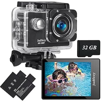 Action Cam 1080P con scheda da 32 GB, Macchina Fotografica Subacquea impermeabile 30M, Fotocamera Subacquea con Due 900mAh Batterie Ricaricabili e Kit Accessori