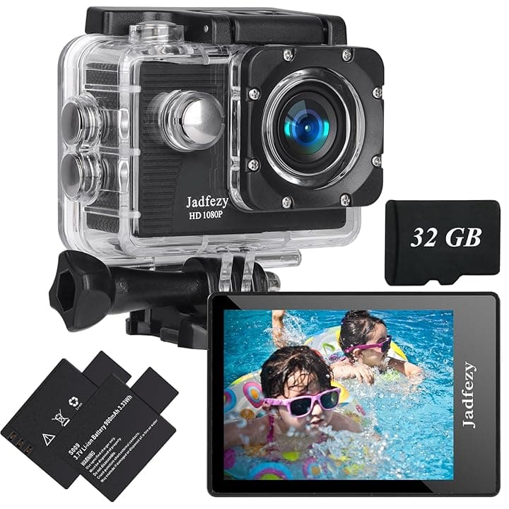 Action Cam 1080P con scheda da 32 GB, Macchina Fotografica Subacquea impermeabile 30M, Fotocamera Subacquea con Due 900mAh Batterie Ricaricabili e Kit Accessori