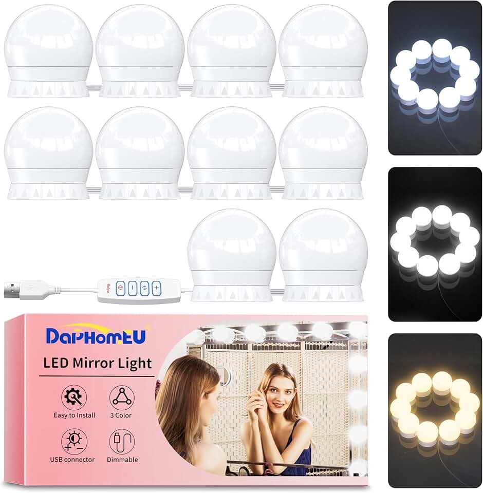USB Luci per Specchio da Trucco, 10 Lampadine Dimmerabili, Luci da Specchio Hollywood con 3 Modalità Colore, Make Up Luce a LED per Trucco Cosmetico Bagno