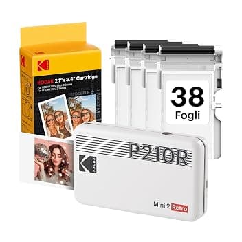 KODAK Mini 2 Retro 4PASS Stampante Fotografica Portatile (5.3x8.6cm) + Pacchetto con 38 Fogli, Bianco
