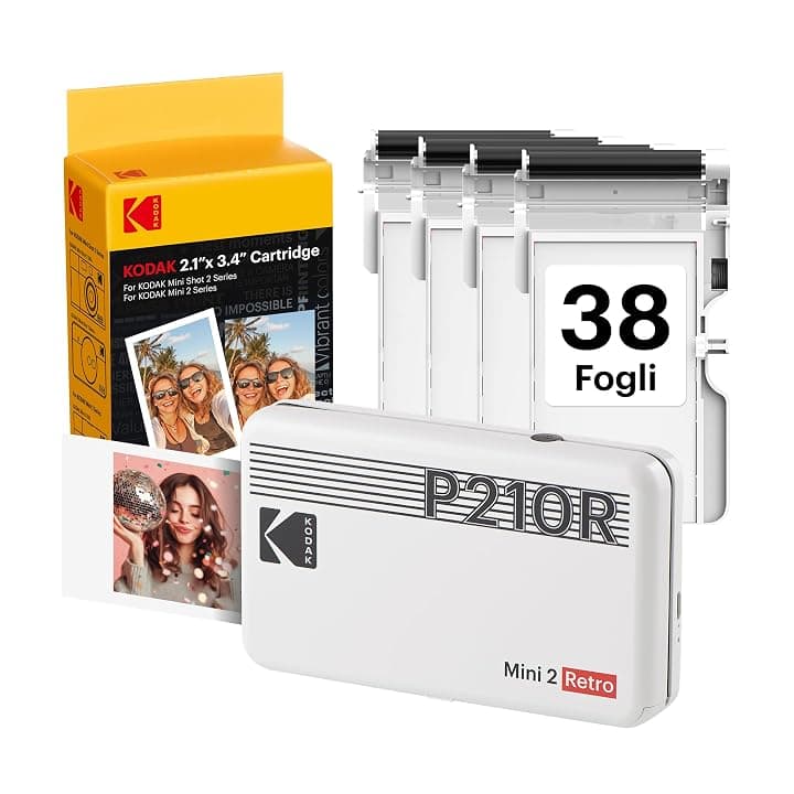 KODAK Mini 2 Retro 4PASS Stampante Fotografica Portatile (5.3x8.6cm) + Pacchetto con 38 Fogli, Bianco