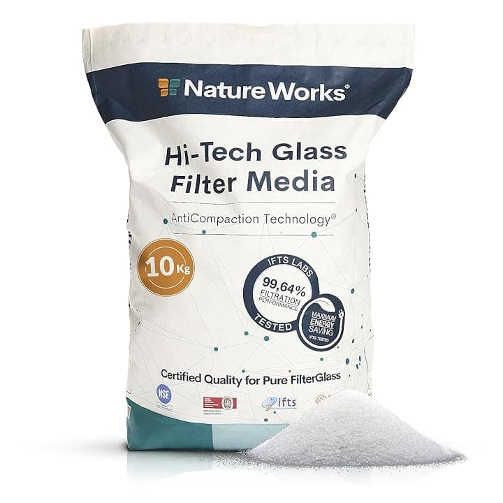 NATURE WORKS Sabbia Filtrante di Vetro per Piscina con Un Potere di Filtrazione del 99,64%, Prodotto con Vetro Tecnico Vergine per la Massima Igiene - Sacchetto da 10 kg