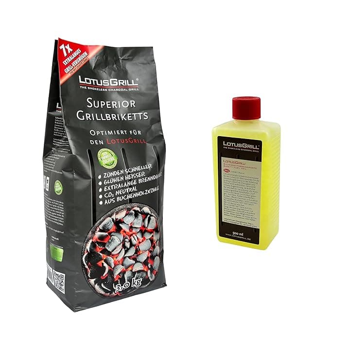 1 biscotto LotusGrill Superior BBQ da 3 kg + 1 pasta combustibile LotusGrill da 500 ml – CO2 neutro, si accende rapidamente, tempo di combustione