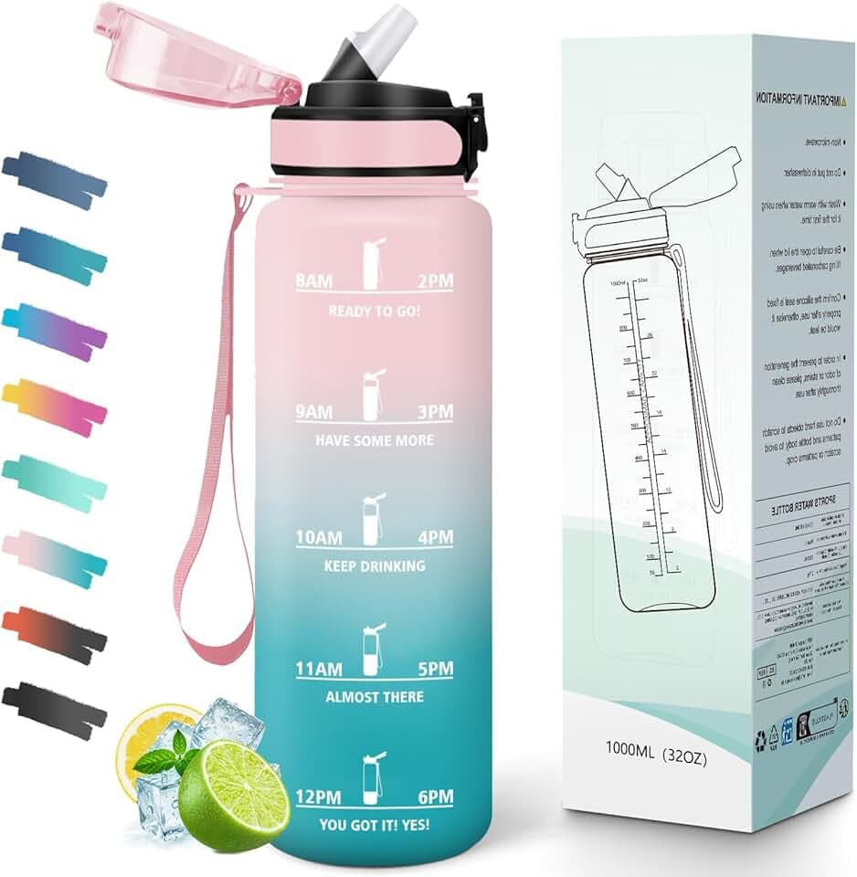 Borraccia con Cannuccia, 1 Litro BPA Free, Borraccia Palestra, Scala Temporale, Borracce Motivazionale, con Bocca Larga e Coperchio Antigoccia, Bottiglia Acqua, Ideale per Scuola, Ufficio, Palestr