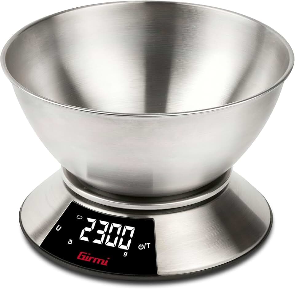 Girmi PS86 Bilancia da Cucina, Grande ciotola 2 L, Corpo e Ciotola INOX, Grande Display 58 x 30 mm, Misurazione 1gr/5Kg, Funzione Tara