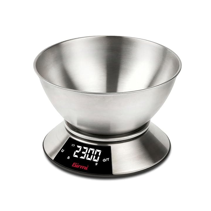 Girmi PS86 Bilancia da Cucina, Grande ciotola 2 L, Corpo e Ciotola INOX, Grande Display 58 x 30 mm, Misurazione 1gr/5Kg, Funzione Tara