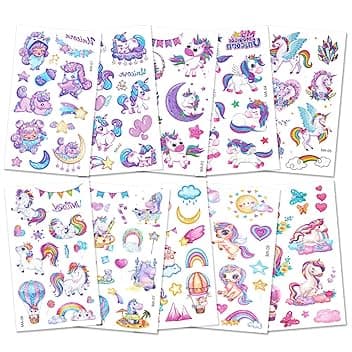 AOOWU Tatuaggi Temporanei per Bambini, 100+ Styles Brillante Unicorno Tatuaggi Finti Modello, Cartoni Tatuaggi Temporanei Set per Ragazza Bambini Adulti Festa Compleann Regalo Giocattolo (A)