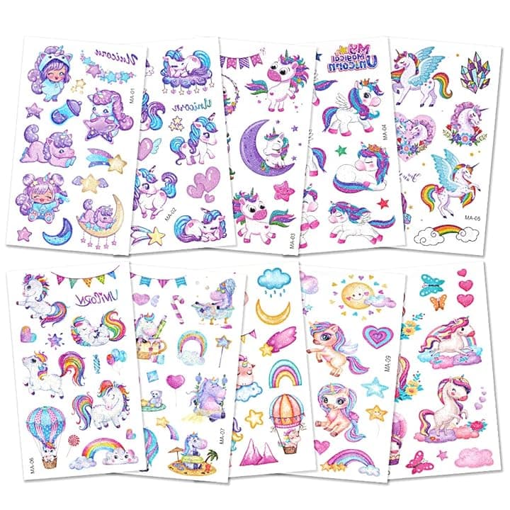 AOOWU Tatuaggi Temporanei per Bambini, 100+ Styles Brillante Unicorno Tatuaggi Finti Modello, Cartoni Tatuaggi Temporanei Set per Ragazza Bambini Adulti Festa Compleann Regalo Giocattolo (A)
