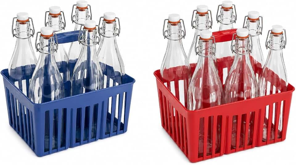 2 set Portabottiglie 2 cestelli in plastica 6 posti con 12 bottiglie in vetro 1litro costolata con tappo ermetico pressione